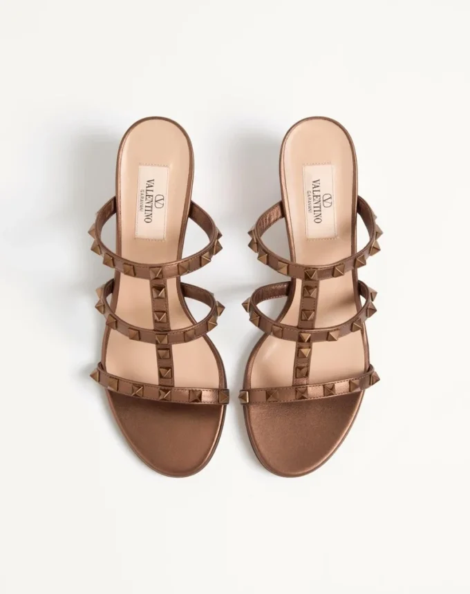 Rockstud Metallic Calfskin Leather Slide Sandal 60 Mm