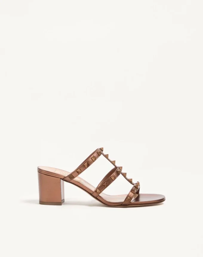 Rockstud Metallic Calfskin Leather Slide Sandal 60 Mm