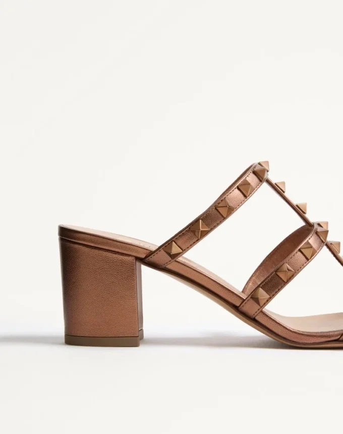 Rockstud Metallic Calfskin Leather Slide Sandal 60 Mm