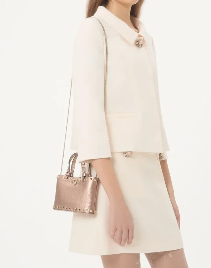 Rockstud Mini Shopping Bag In Laminated Grainy Calfskin