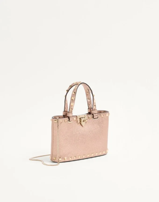 Rockstud Mini Shopping Bag In Laminated Grainy Calfskin