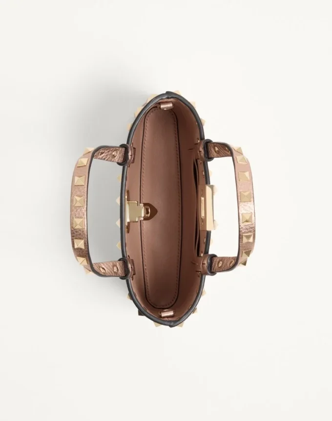 Rockstud Mini Shopping Bag In Laminated Grainy Calfskin