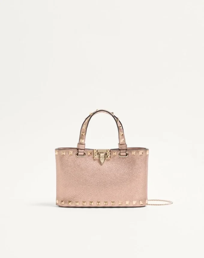 Rockstud Mini Shopping Bag In Laminated Grainy Calfskin