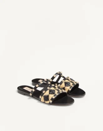 Rockstud Slide Sandal with Raffia Check Embroidery