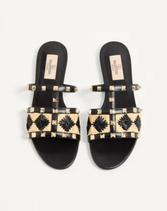 Rockstud Slide Sandal with Raffia Check Embroidery
