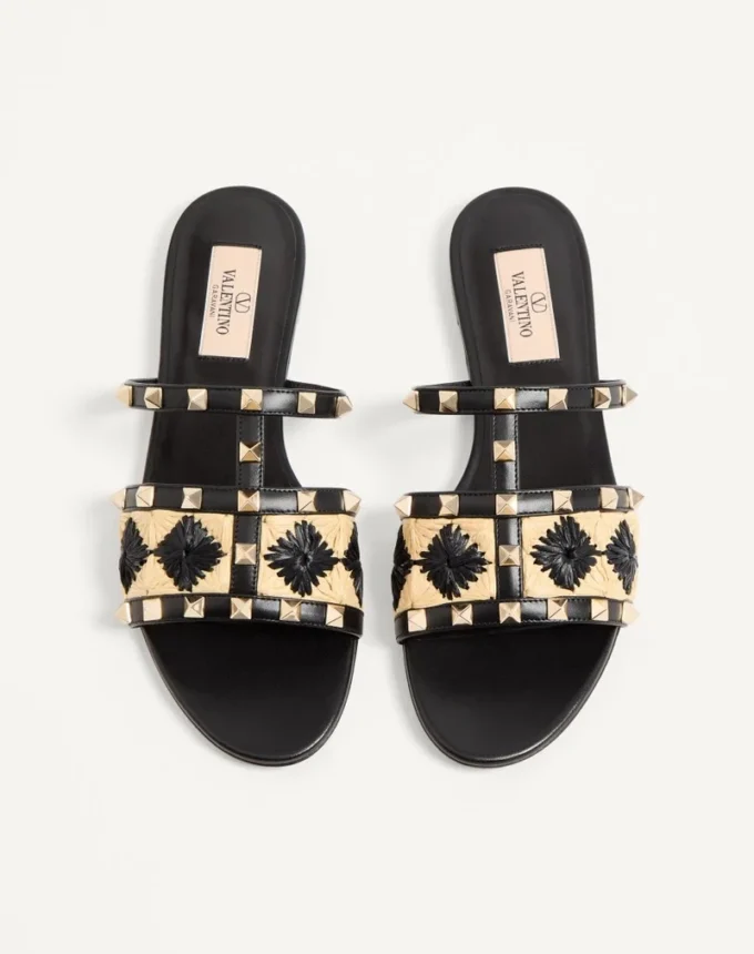 Rockstud Slide Sandal with Raffia Check Embroidery