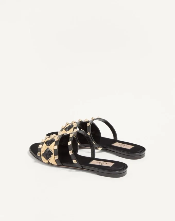 Rockstud Slide Sandal with Raffia Check Embroidery
