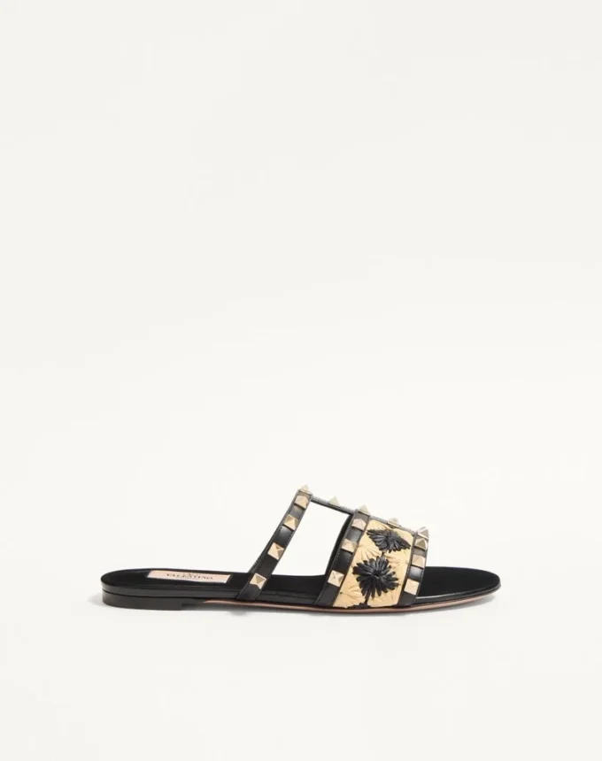 Rockstud Slide Sandal with Raffia Check Embroidery