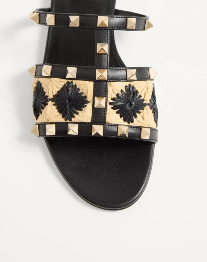 Rockstud Slide Sandal with Raffia Check Embroidery