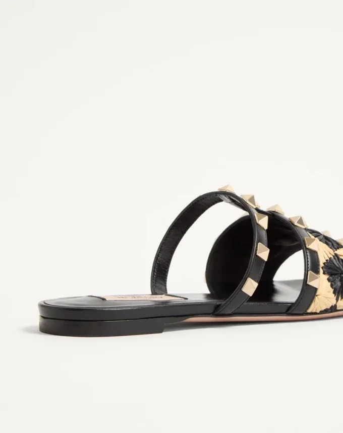 Rockstud Slide Sandal with Raffia Check Embroidery