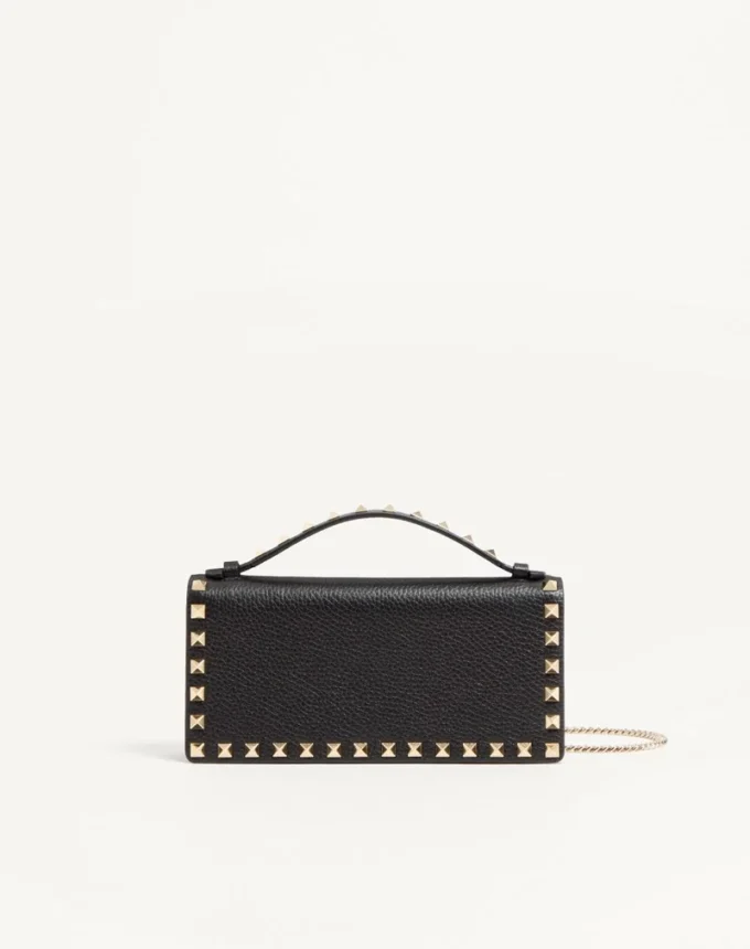Rockstud Wallet With Chain In Grainy Calfskin