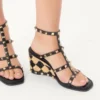 Rockstud Wedge Sandal In Calfskin With Check Embroidery 80Mm Rockstud Wedge Sandal In Calfskin With Check Embroidery 80Mm