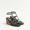 Rockstud Wedge Sandal In Calfskin With Check Embroidery 80Mm Rockstud Wedge Sandal In Calfskin With Check Embroidery 80Mm