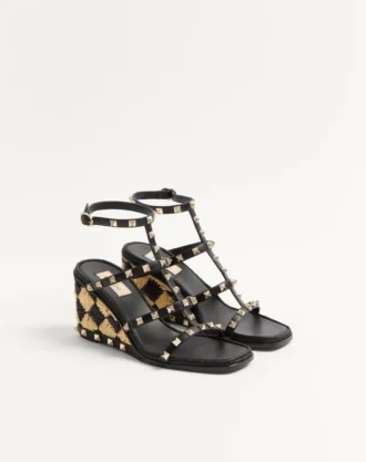 Rockstud Wedge Sandal In Calfskin With Check Embroidery 80Mm