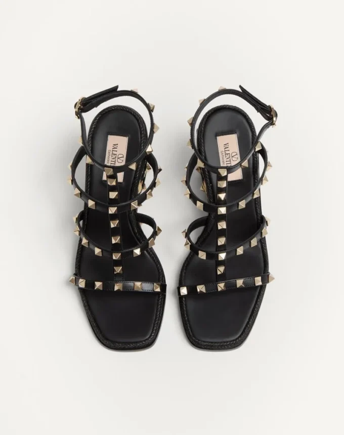 Rockstud Wedge Sandal In Calfskin With Check Embroidery 80Mm Rockstud Wedge Sandal In Calfskin With Check Embroidery 80Mm