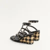 Rockstud Wedge Sandal In Calfskin With Check Embroidery 80Mm Rockstud Wedge Sandal In Calfskin With Check Embroidery 80Mm
