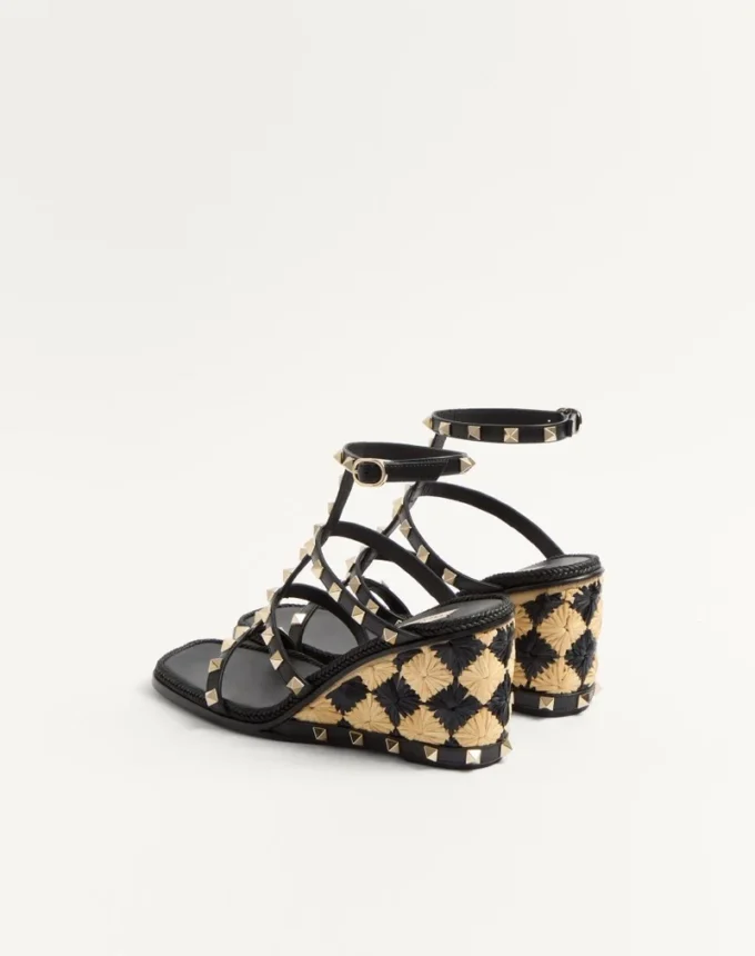 Rockstud Wedge Sandal In Calfskin With Check Embroidery 80Mm Rockstud Wedge Sandal In Calfskin With Check Embroidery 80Mm