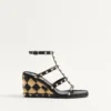 Rockstud Wedge Sandal In Calfskin With Check Embroidery 80Mm Rockstud Wedge Sandal In Calfskin With Check Embroidery 80Mm
