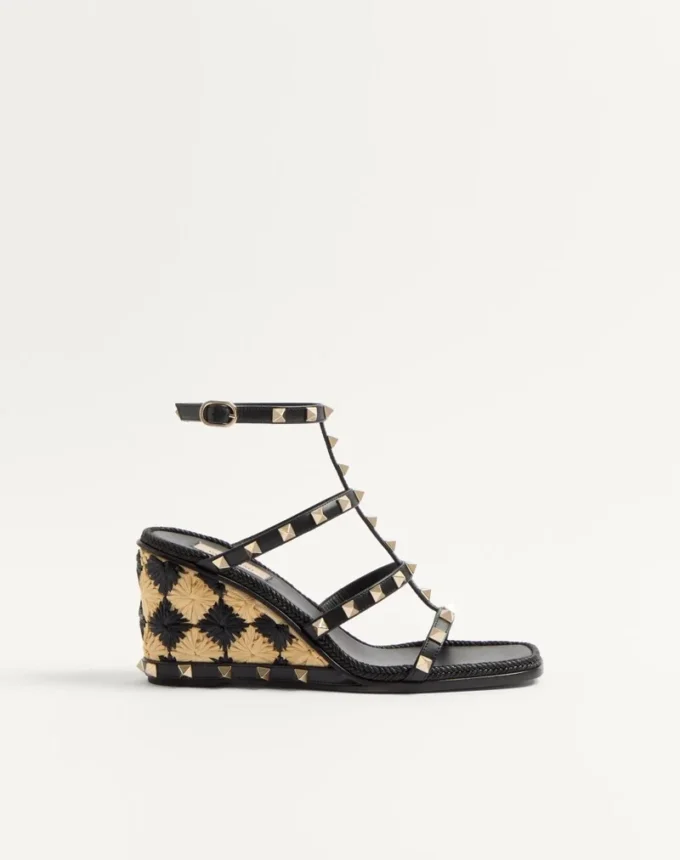 Rockstud Wedge Sandal In Calfskin With Check Embroidery 80Mm Rockstud Wedge Sandal In Calfskin With Check Embroidery 80Mm