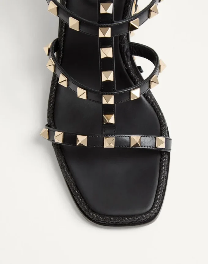 Rockstud Wedge Sandal In Calfskin With Check Embroidery 80Mm Rockstud Wedge Sandal In Calfskin With Check Embroidery 80Mm
