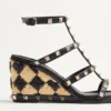 Rockstud Wedge Sandal In Calfskin With Check Embroidery 80Mm Rockstud Wedge Sandal In Calfskin With Check Embroidery 80Mm