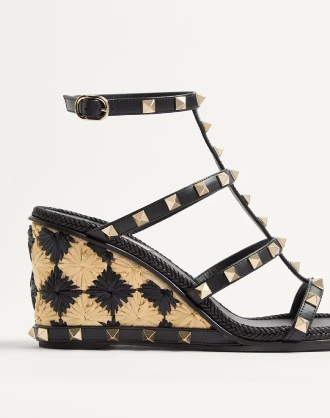 Rockstud Wedge Sandal In Calfskin With Check Embroidery 80Mm Rockstud Wedge Sandal In Calfskin With Check Embroidery 80Mm