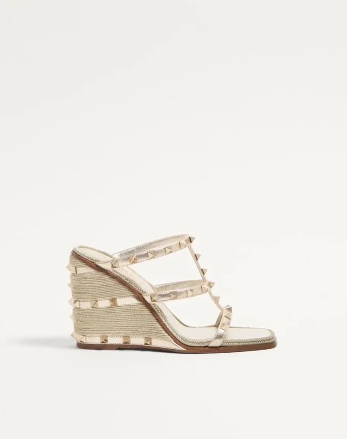 Rockstud Wedge Sandal In Laminated Nappa With Cornely Embroidery 100Mm Rockstud Wedge Sandal In Laminated Nappa With Cornely Embroidery 100Mm