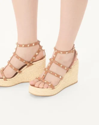 Rockstud Wedge Sandal With Calfskin Straps 95Mm