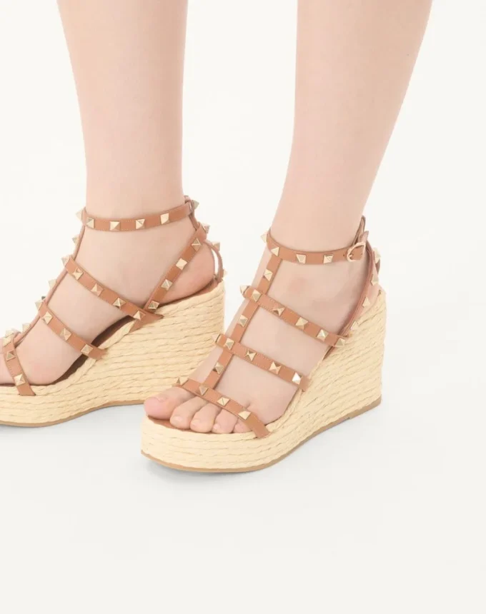 Rockstud Wedge Sandal With Calfskin Straps 95Mm