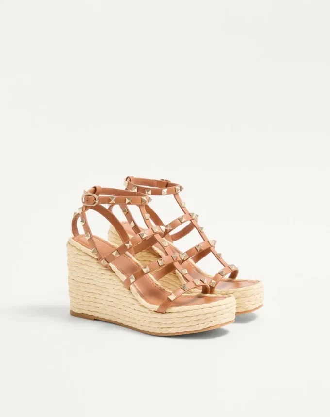 Rockstud Wedge Sandal With Calfskin Straps 95Mm