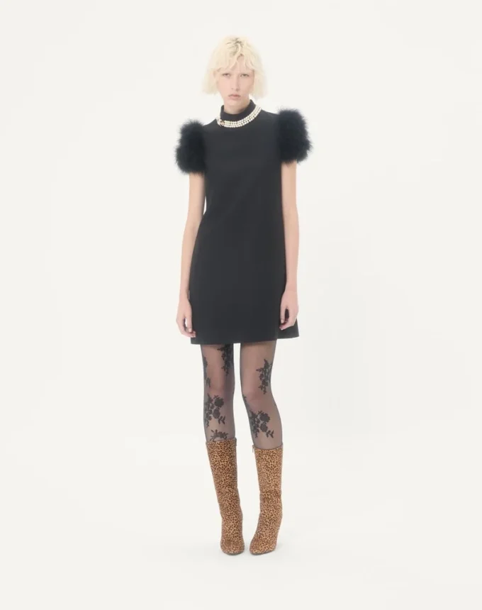 Short Crepe Couture Dress with Feathers Short Crepe Couture Dress with Feathers