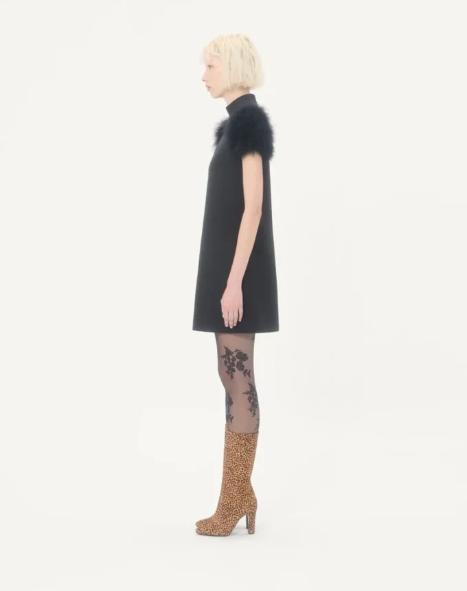 Short Crepe Couture Dress with Feathers Short Crepe Couture Dress with Feathers