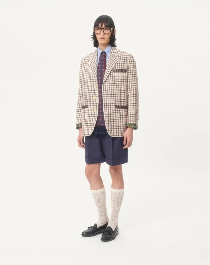 Single-Breasted Cotton Jacket With Check Pattern And Printed Edges