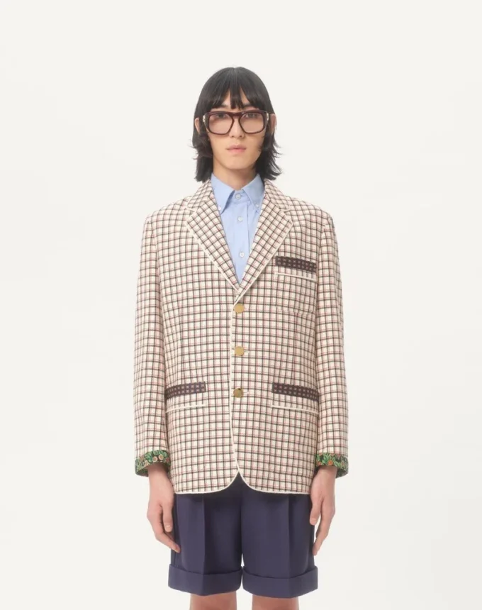 Single-Breasted Cotton Jacket With Check Pattern And Printed Edges