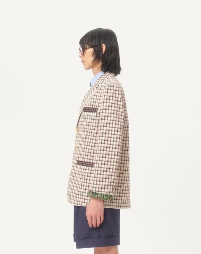 Single-Breasted Cotton Jacket With Check Pattern And Printed Edges