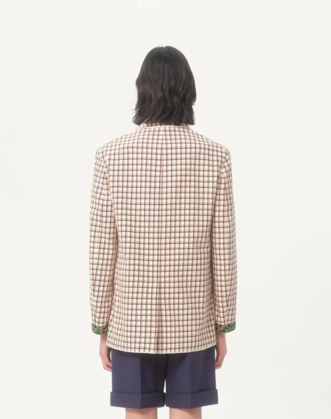Single-Breasted Cotton Jacket With Check Pattern And Printed Edges