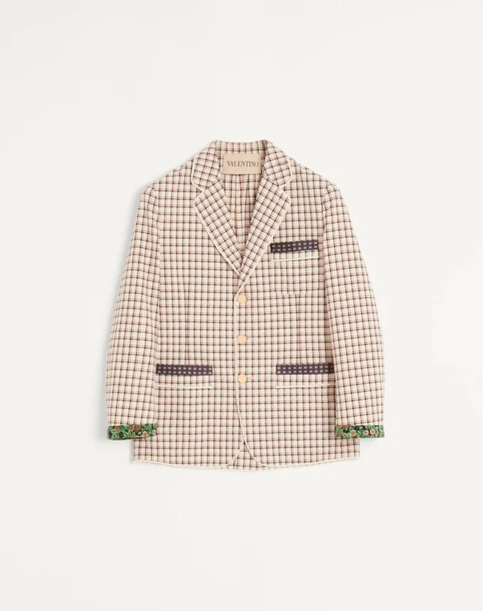 Single-Breasted Cotton Jacket With Check Pattern And Printed Edges