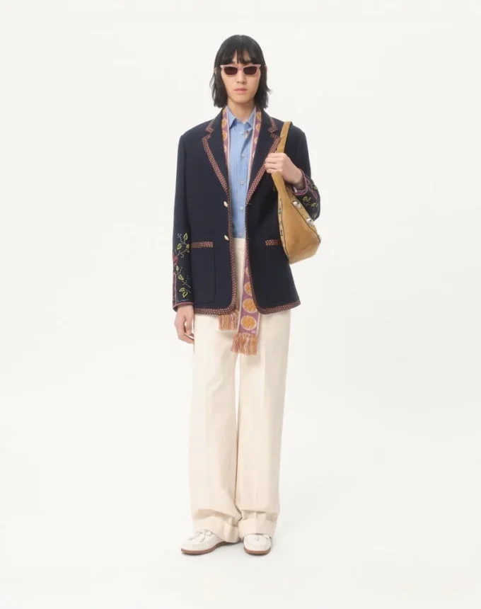 Single-Breasted Linen Jacket With Beaded Embroidery And Patches Single-Breasted Linen Jacket With Beaded Embroidery And Patches