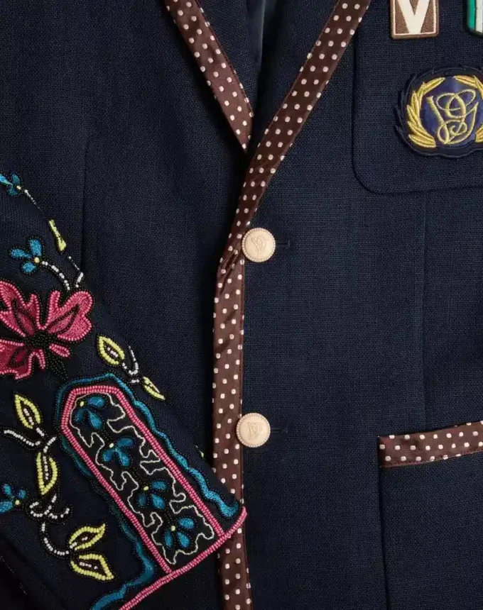 Single-Breasted Linen Jacket With Beaded Embroidery And Patches Single-Breasted Linen Jacket With Beaded Embroidery And Patches