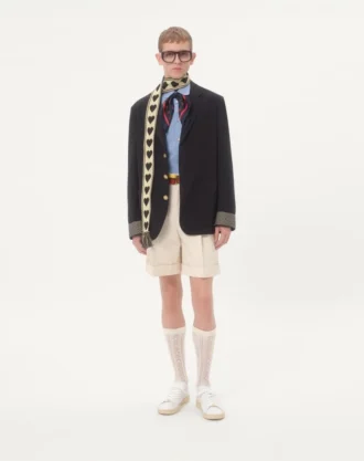 Single-Breasted Wool And Cotton Jacket With Jacquard Trimmings