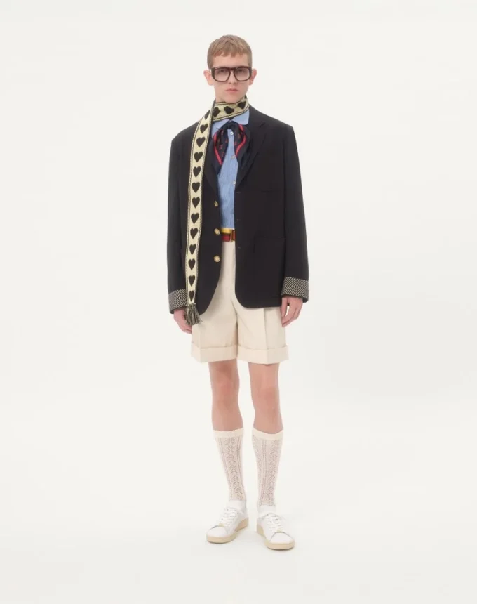 Single-Breasted Wool And Cotton Jacket With Jacquard Trimmings