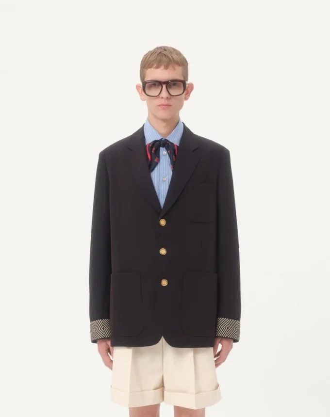 Single-Breasted Wool And Cotton Jacket With Jacquard Trimmings