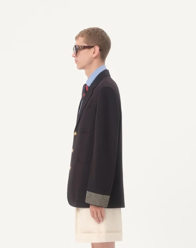 Single-Breasted Wool And Cotton Jacket With Jacquard Trimmings