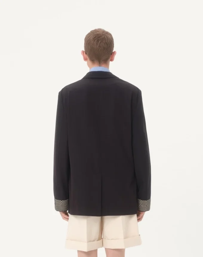 Single-Breasted Wool And Cotton Jacket With Jacquard Trimmings