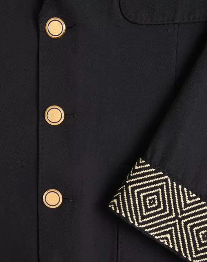 Single-Breasted Wool And Cotton Jacket With Jacquard Trimmings