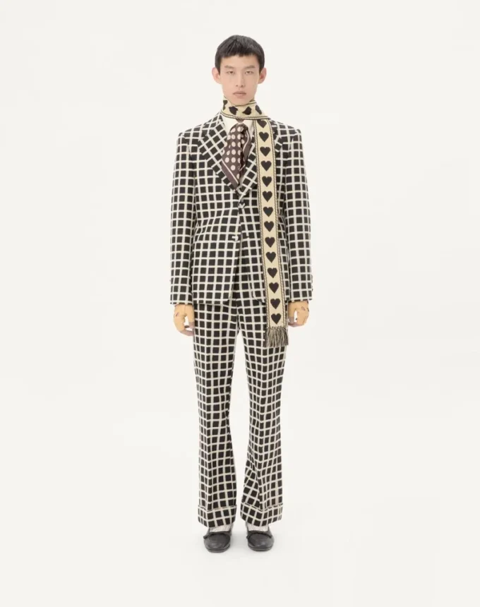 Single-Breasted Wool Blend Jacket With Check Pattern