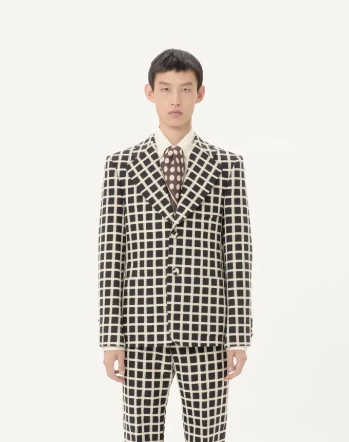 Single-Breasted Wool Blend Jacket With Check Pattern