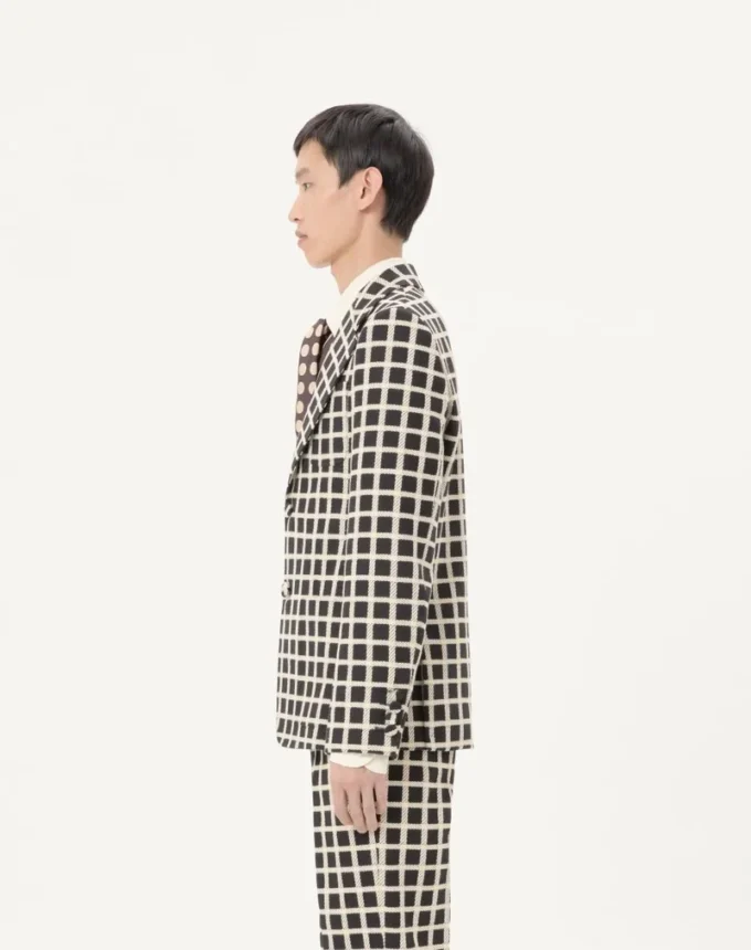 Single-Breasted Wool Blend Jacket With Check Pattern