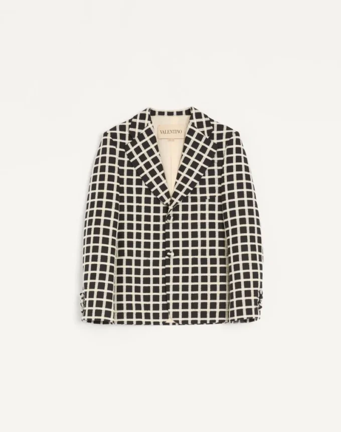 Single-Breasted Wool Blend Jacket With Check Pattern