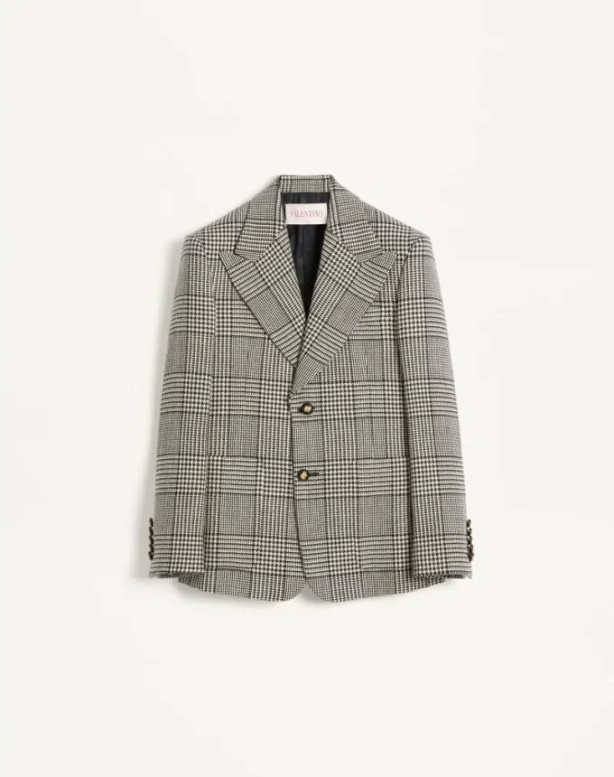 Single-Breasted Wool Jacket With Check Pattern On Houndstooth